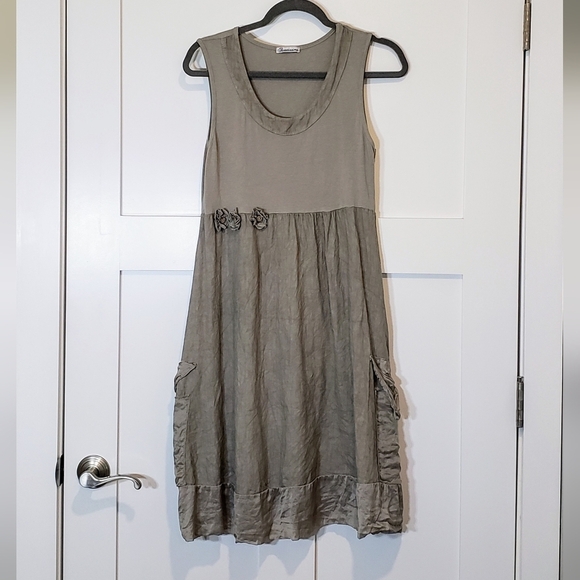 sweetissima Dresses & Skirts - Sweetissima Italy Made Linen Sleeveless Midi Dress Floweretts Olive Gree…